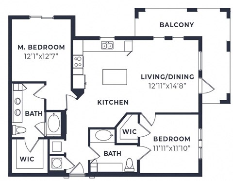 Floor plan for 2 beds, 2 baths, 1144 sqft